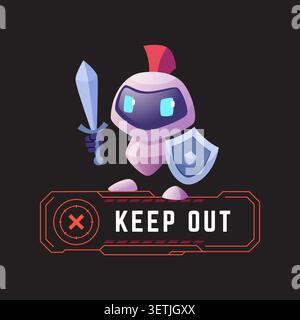 Cyber Guardian. Vector robot knight with sword and shield standing above keep out sign for cybersecurity protection concept Stock Vector