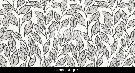 Black and white botanical seamless design with flowing foliage silhouettes. Minimalist tropical wallpaper featuring organic palm fronds for modern Stock Vector