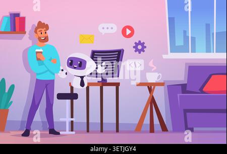 Chatbot Background. Modern vector ai assistant scene with robot messaging interface and mobile support chat exact artwork Stock Vector