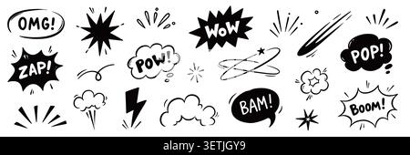 Comic boom icon cartoon set. Hand drawn comic boom effect with cartoon wow bomb speech splash line. Explosive bubble burst dialog action motion superhero explosion sound emphasis. Vector illustration Stock Vector