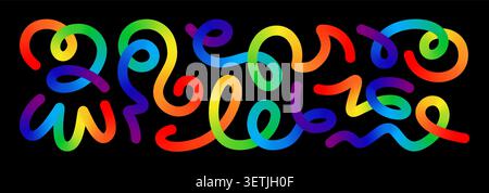 Color blend vector curved line set. Colour splash fluid shape doodle element. Gradient flow brush, squiggly scribble, happy birthday party direction Stock Vector