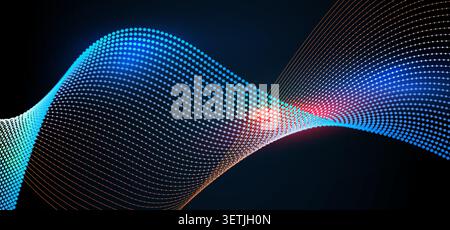Futuristic dark technology background featuring a flowing digital wave made of luminous blue particles and connecting lines. Enhanced with a vibrant Stock Vector