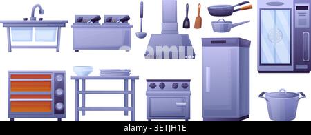 Professional kitchen tools. Dehydration station, refrigerator, oven and metal sink. Fast food, restaurant, cafe cooking equipment, crockery, nowaday Stock Vector