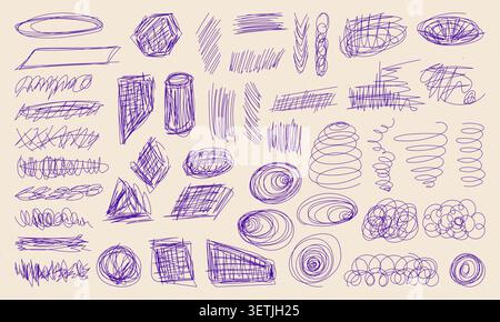 Chaotic pen sketches with tangled scribble lines vector illustration set and doodle circles. Stock Vector