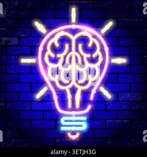 Neon signboard brain in light bulb. concept idea, innovation. Bright night signboard on brick wall sign. Vector illustration realistic neon icon Stock Vector