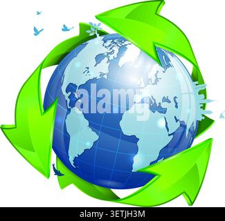 Earth with Environmental Arrows, City Skyline, Tree and Birds, vector illustration Stock Vector