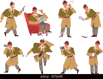 Sherlock holmes. English sleuth, private detective child book novel cartoon character inspector hat magnifying glass thinking pose crime investigation, classy vector illustration original artwork Stock Vector