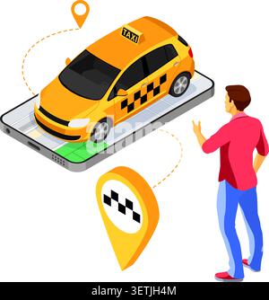 Man orders taxi from smartphone. Online taxi 24 hour service concept with people, car, map and route pin. isometric icons. isolated vector illustratio Stock Vector