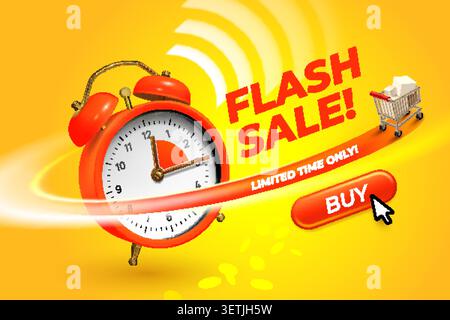 Alarm sale banner. 3d realistic clock time limited offer background design, flash discount promotion coupon timer last week chance super voucher shop garish vector illustration original artwork Stock Vector