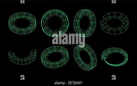 Set of 3d wireframe torus shapes in different angles and cut styles, digital abstract geometric elements for technology and futuristic design Stock Vector