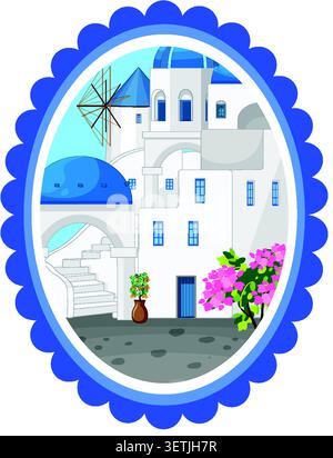 Flat vector illustration of white coastal buildings, blue domes, and pink flowers in oval frame. Stock Vector