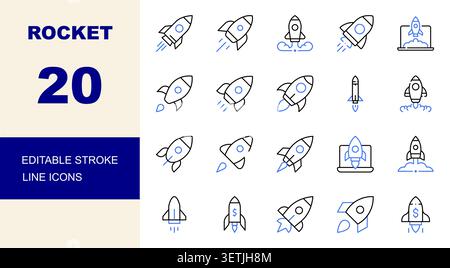 Rocket Launch, Startup Growth and Space Exploration Line Icons Set Editable Stroke Vector Illustration Stock Vector