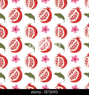 Seamless vector pattern featuring sliced pomegranates, flowers and green leaves on a light background. Bright and colorful botanical food illustration Stock Vector