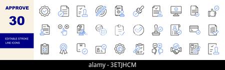 Approve, Verification and Approval Process Line Icons Set Editable Stroke Vector Illustration Stock Vector