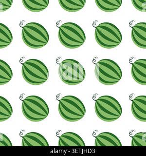 Seamless playful pattern featuring stylized watermelons with curly stems on a clean white background. Bright green striped fruit with red juicy detail Stock Vector