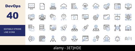 DevOps, Software Development, Cloud Computing and System Administration Line Icons Set Editable Stroke Vector Illustration Stock Vector