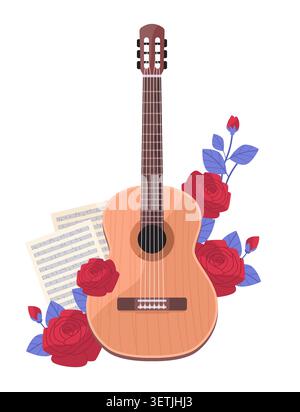 Spanish guitar music tradition classical instrument surrounded by red roses and sheet music on white background decorative floral elements Stock Vector
