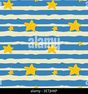 Doodle flat star fish vector seamless pattern. Summer marine concept. Retro yellow starfish pattern on blue and cream horizontal striped blue Stock Vector