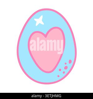 Colorful Easter egg in dopamine style. Outline pink heart ornament. Doodle blue element isolated on white background for spring holiday decor, cards, Stock Vector