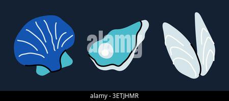 Oyster shell with white pearl, blue scallop, and open white mussel vector elements. Isolated marine icons set on dark background for seafood designs Stock Vector
