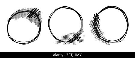 Three rough hand-drawn circle frames with black sketch lines and dotted shading on a white background. Simple abstract design elements for labels Stock Vector