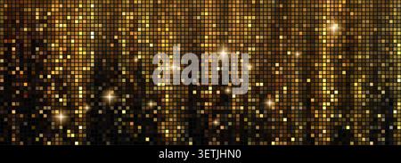 Golden disco ball with glittering dots creates radiant black pattern background illustration. Sparkling circles and confetti bursts add premium party Stock Vector