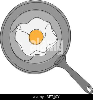 continuous line drawing of single fried egg with a bright yellow yolk cooking inside a gray frying pan, line art vector illustration Stock Vector
