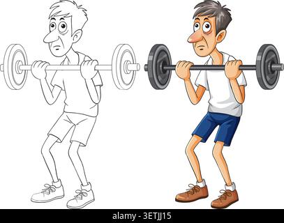 Nervous cartoon man lifting barbell, shown in both colored and black-and-white vector illustration Stock Vector
