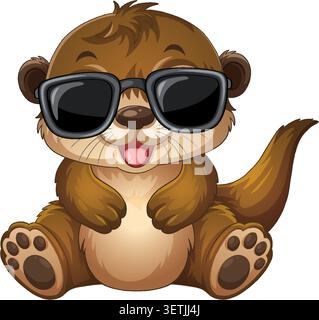 Vector illustration of a smiling brown otter with sunglasses on a plain white background. Stock Vector