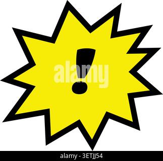 Flat illustration of a bright yellow jagged comic burst containing a bold black exclamation mark Stock Vector