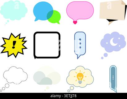 A flat illustration set featuring various speech bubbles, thought clouds, and message icons in different shapes and styles, including chat bubbles, em Stock Vector