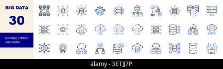Big Data, Database and Cloud Computing Line Icons Set Editable Stroke Vector Illustration Stock Vector