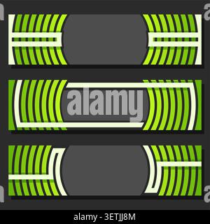 Vector set of Header Templates with dark copyspsce, 3 green abstract futuristic banners with curve element on grey background, three horizontal header Stock Vector