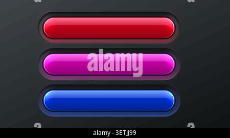 Glossy rounded buttons set on dark background. UI element for website or application design. Vector illustration Stock Vector