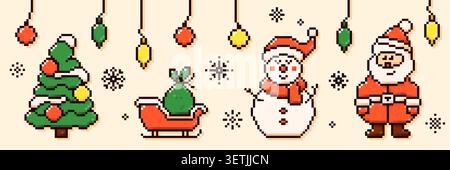 Pixel art New Year color elements. A decorated tree, a snowman and Santa Claus or Father Frost, sleigh and a bag of gifts. Stock Vector