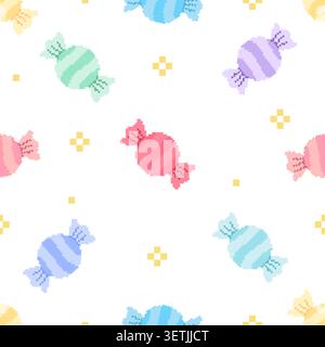 Seamless pixel art pattern featuring colorful wrapped candies in pastel pink, blue, purple, mint, and yellow tones. Cute retro candy background ideal Stock Vector
