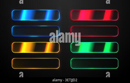 Neon glowing ui buttons and glossy frames set for modern web interface design. Vector illustration Stock Vector