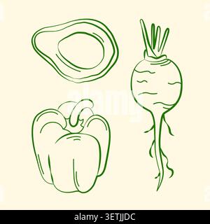 Hand-drawn vegetables, avocado, bell pepper, radish in line art for grocery shop, farmer market, summer packaging, ingredients Stock Vector