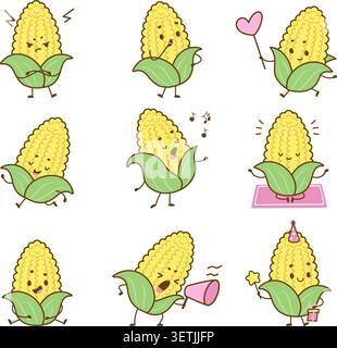 Kawaii corn characters. Cute corns cob in various poses. Positive cartoon character for children stickers and natural food packaging. Nowaday vector Stock Vector