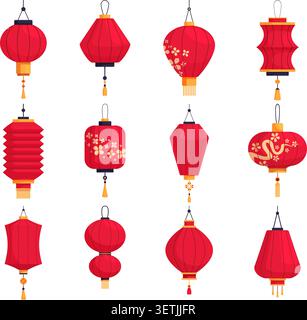 Traditional chinese lantern. Red oriental lanterns, china decorative lights. Asian style paper lamps with flowers. Street and home interior, festival Stock Vector