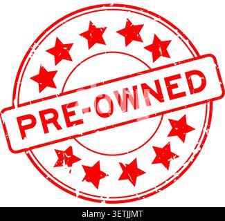 Grunge red pre-owned word with star icon round rubber seal stamp on white background Stock Vector