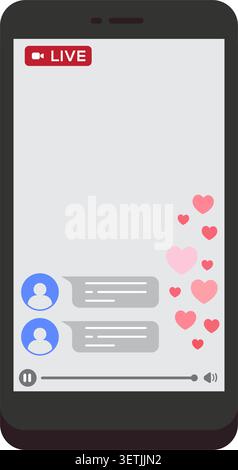 A flat vector illustration of a smartphone screen showing a live video stream with chat bubbles and heart reactions. Stock Vector