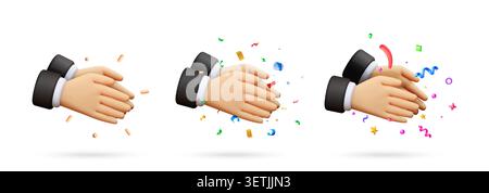 Set of 3d businessman hands clapping. Illustration of human character applause gesture with falling colorful confetti. Success celebration, corporate Stock Vector