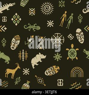 Ethnic Pattern. Vector seamless pattern with tribal masks animals symbols ornaments and cultural motifs in ethnic style Stock Vector