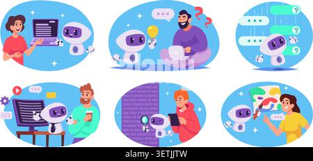 AI Assistant. Cute vector chat bot characters with smartphones dialogs and customer service concepts in tech exact collection Stock Vector