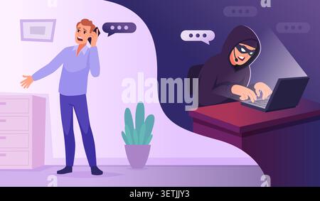 Security Background. Digital vector cyber attack scene with hacker alert screen and mobile protection interface exact artwork Stock Vector