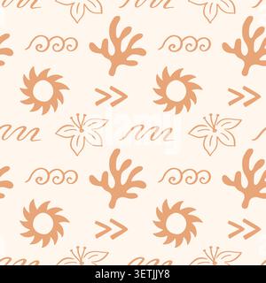 Boho suns, coral, waves vector seamless pattern Stock Vector