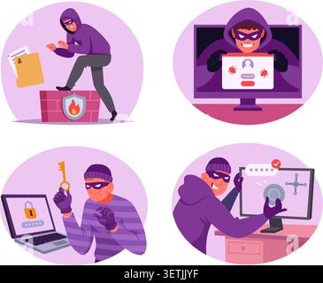 Cyber Crime. Vector hacker scenes with phishing data theft and security attacks on devices in modern exact flat style Stock Vector