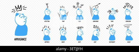 Comic character face expression set with simple figures and line effects showing moods like arrogance, affection in a hand drawn style. Comic Stock Vector