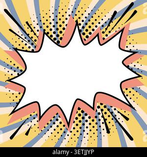 Comic starburst text box with jagged bubble on yellow and blue spiral background with halftone dots and dynamic ink lines. Retro vector comic Stock Vector
